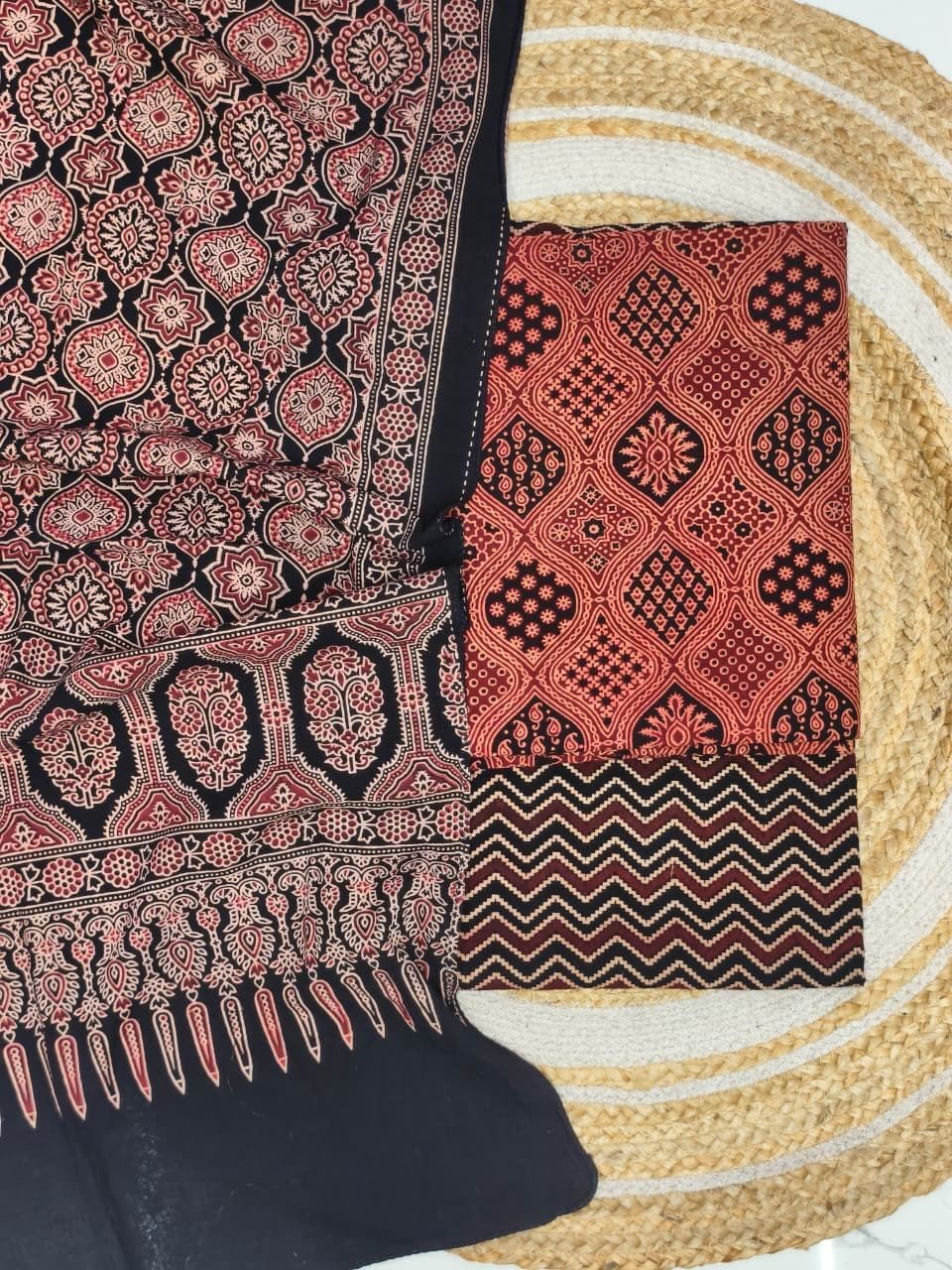 Pure Cotton Ajrakh Screen Print 3-Piece Suit 14