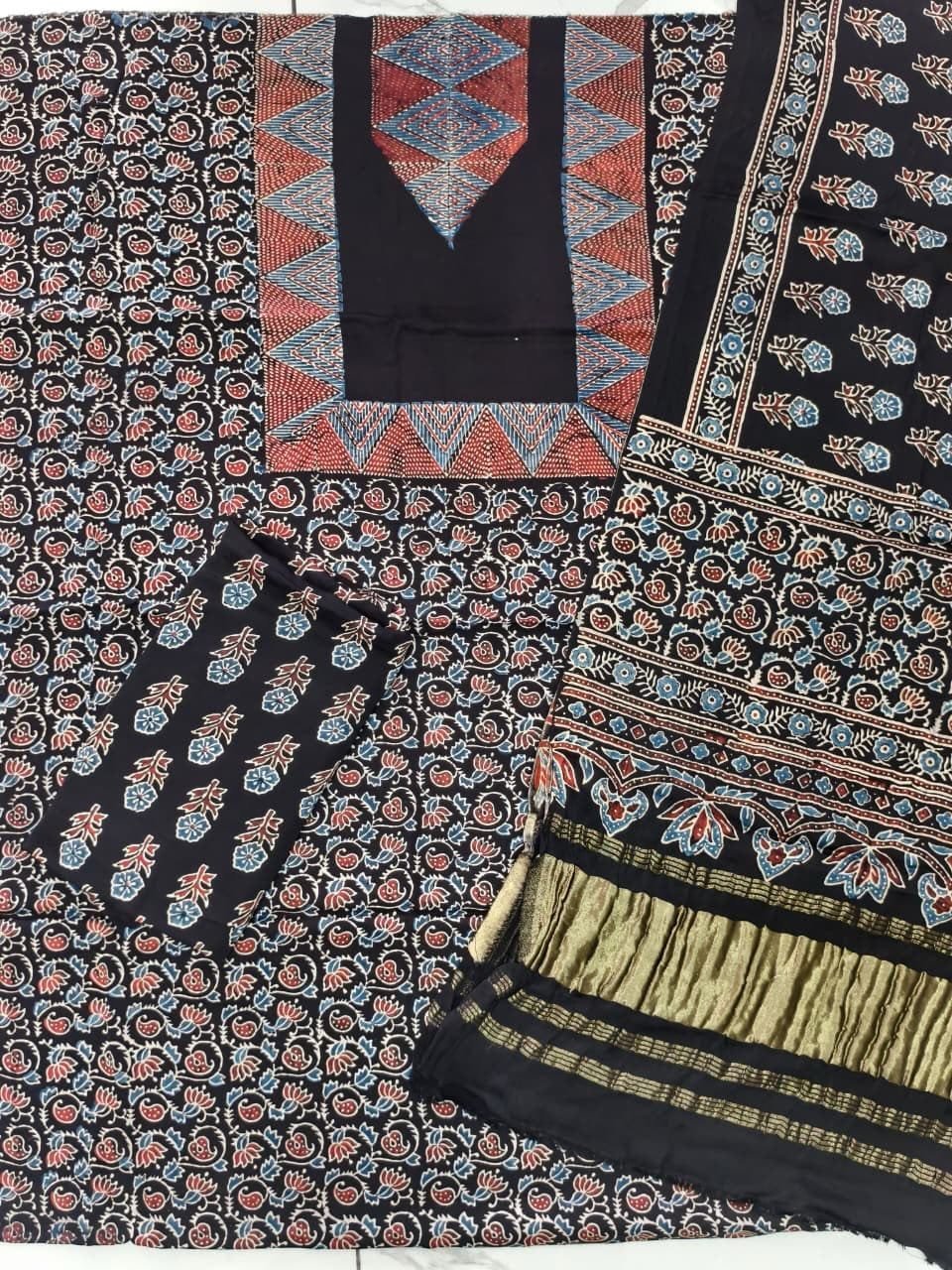 Pure Modal Silk Ajrakh Natural Dye 3-Piece Suit 01