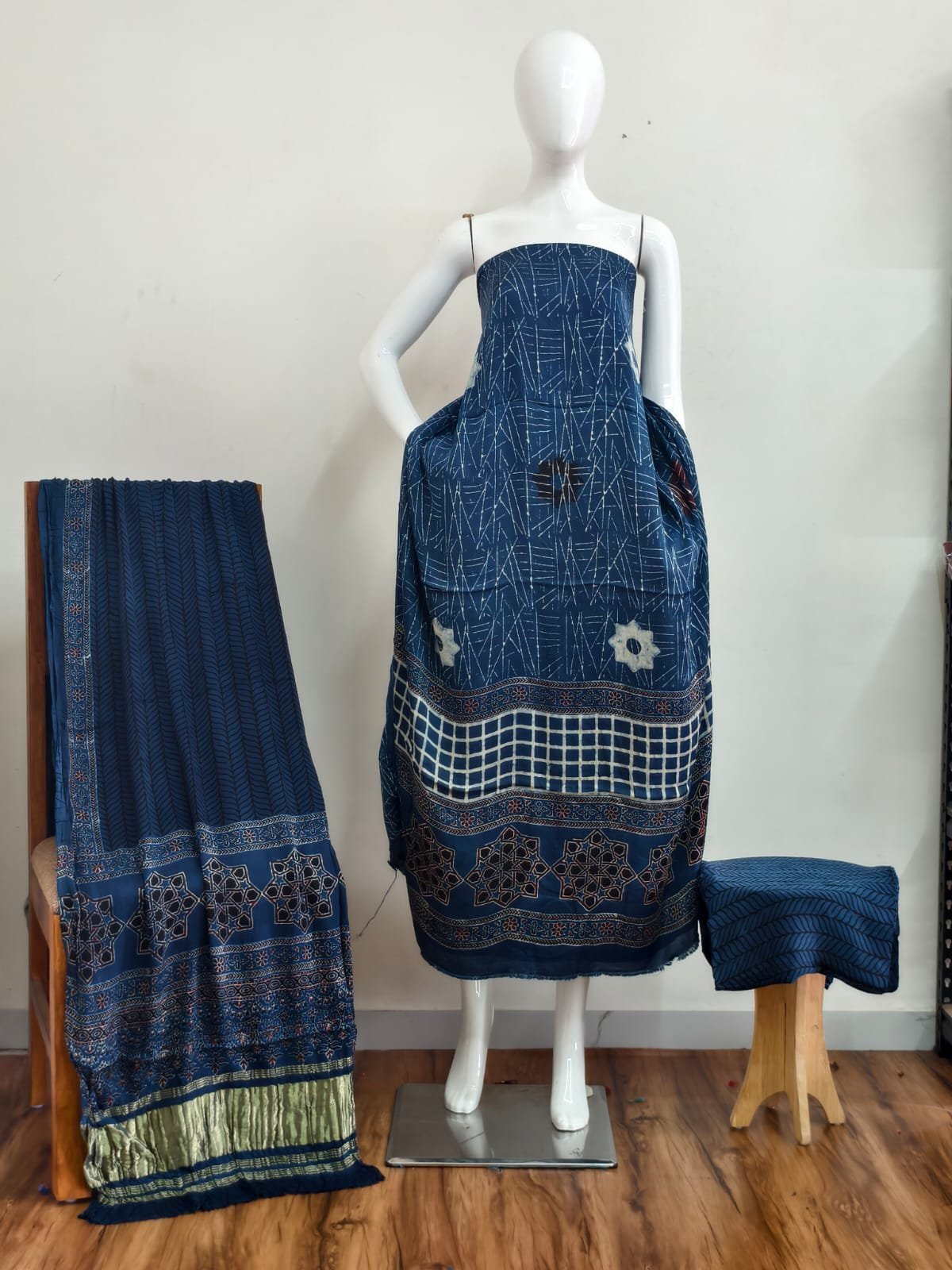 Pure Modal Silk Ajrakh Natural Dye 3-Piece Suit 13
