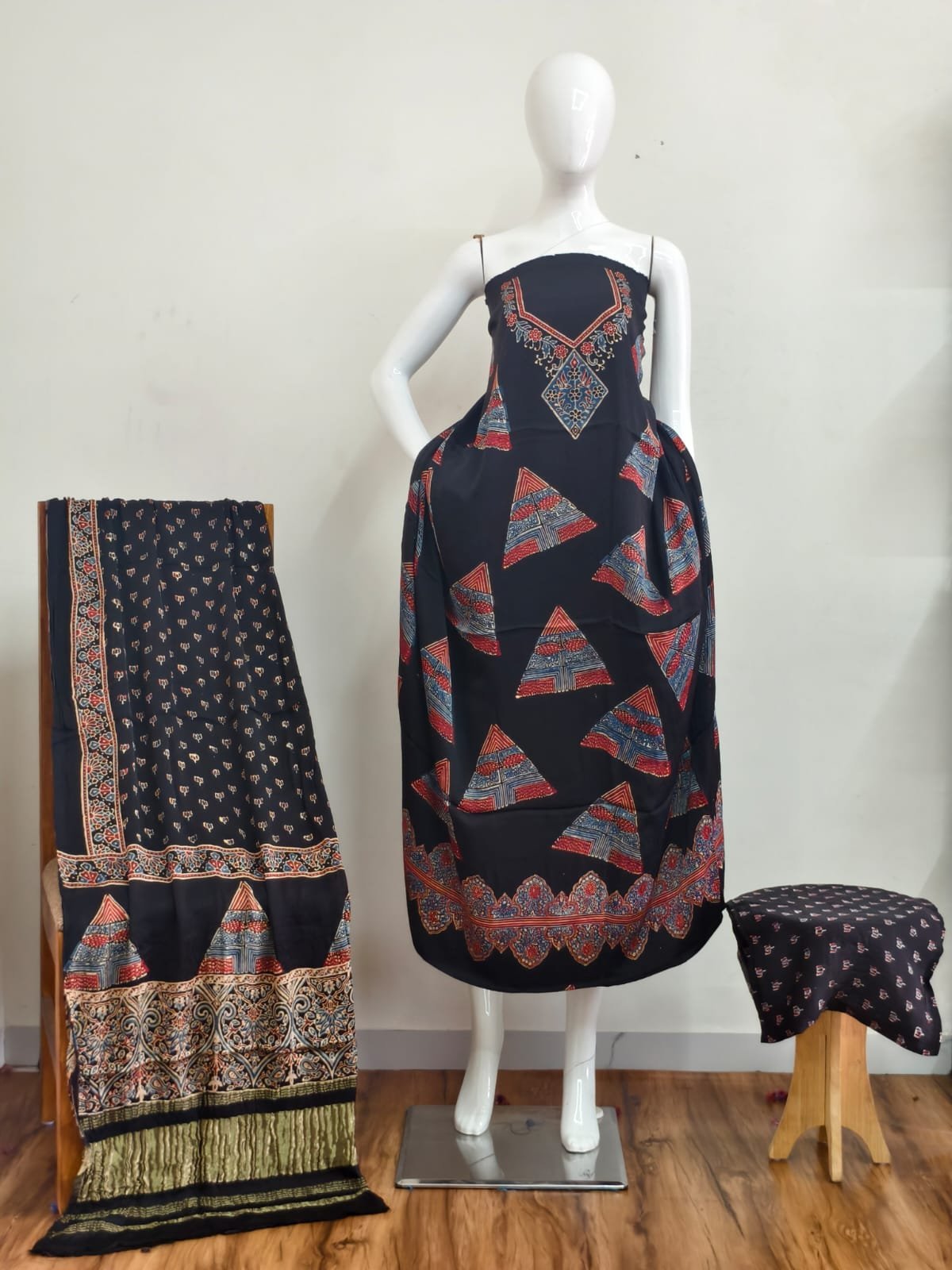 Pure Modal Silk Ajrakh Natural Dye 3-Piece Suit 09